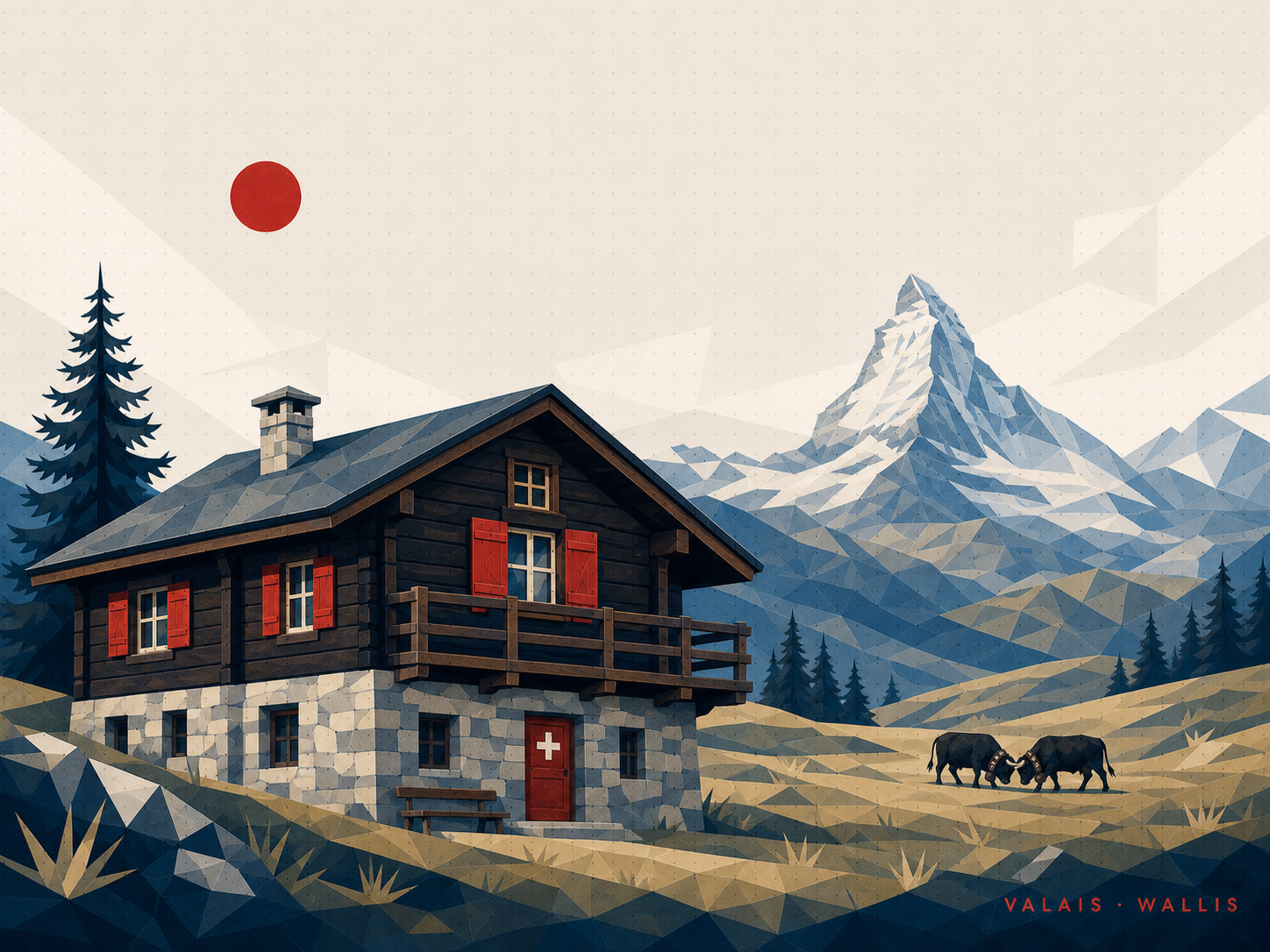 Mosaïque moderne d’un chalet valaisan, du Cervin et de deux vaches d’Hérens