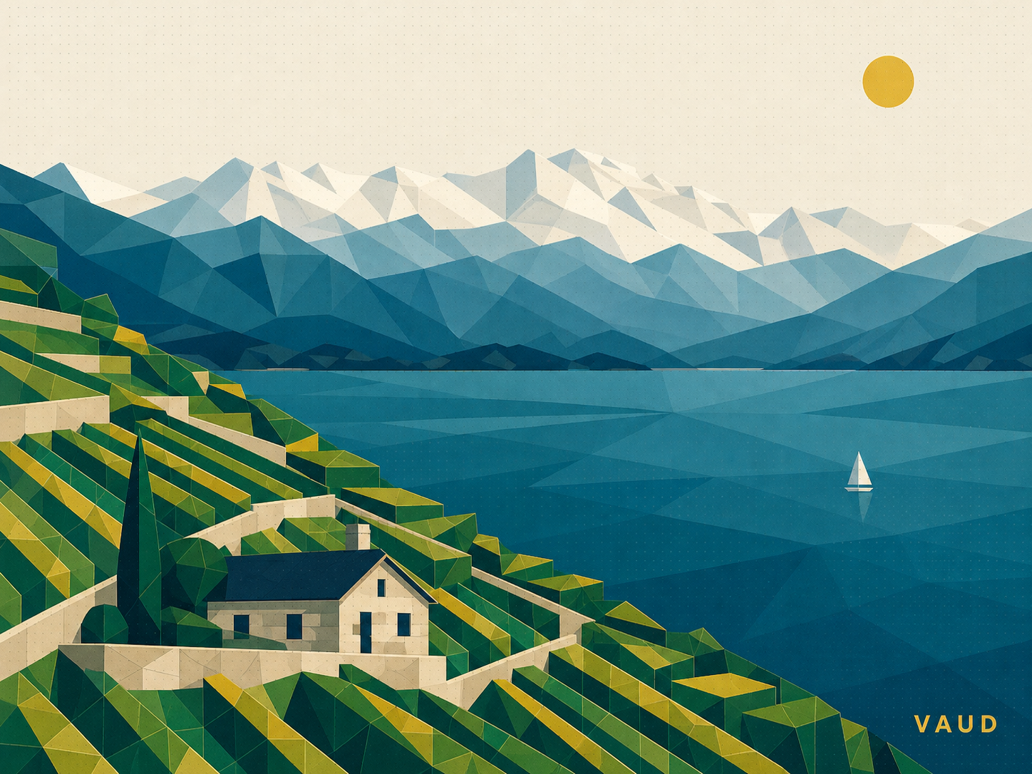 Mosaïque moderne du Lavaux, de ses vignes et du Léman