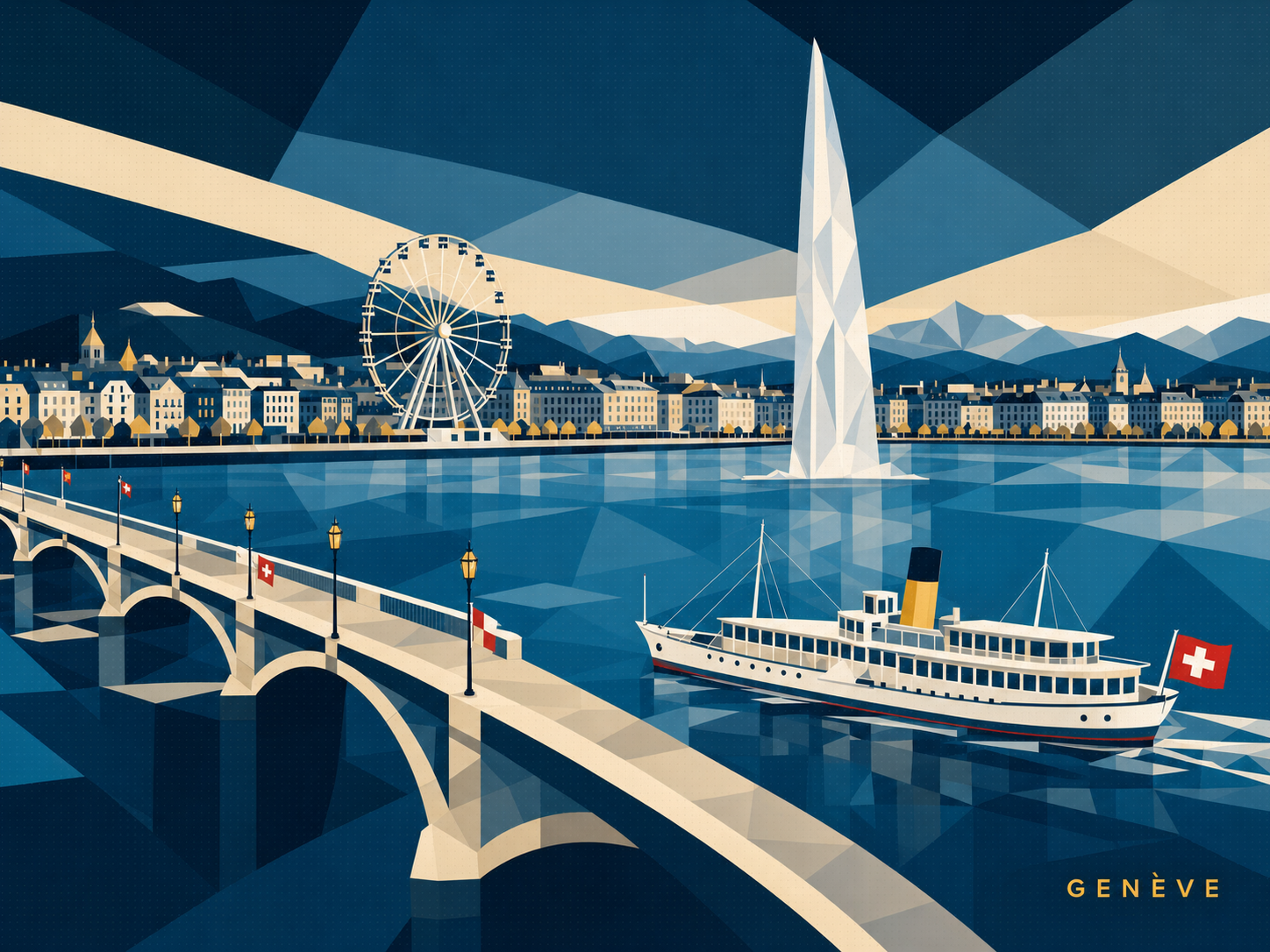 Mosaïque moderne de la rade de Genève, du Jet d’eau et d’un bateau suisse